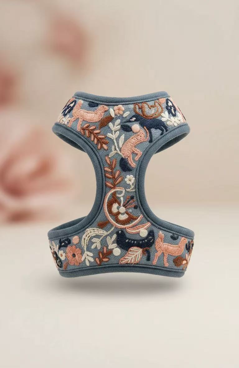 Slate Blue Botanical Animal Embroidered Dog Harness