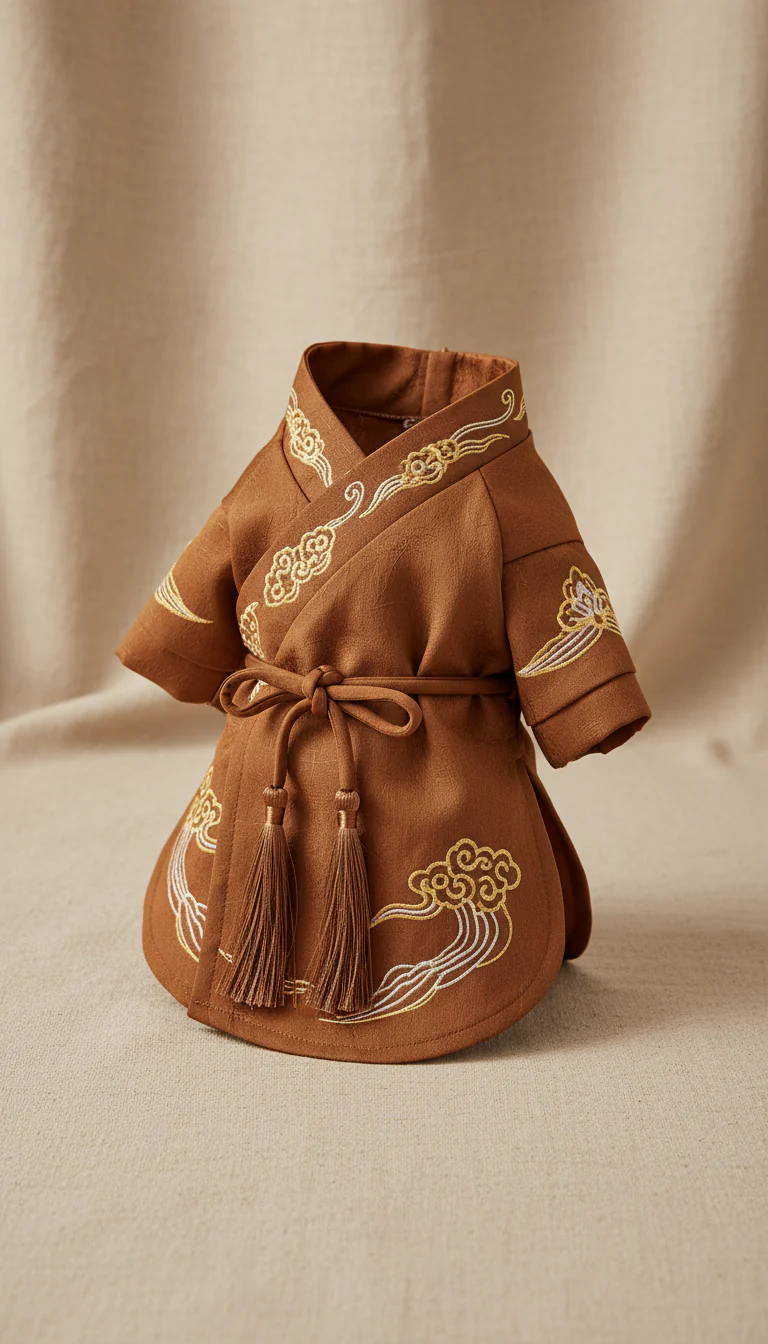 Camel Brown Cloud Embroidered Hanfu Pet Robe with Tassel Sash