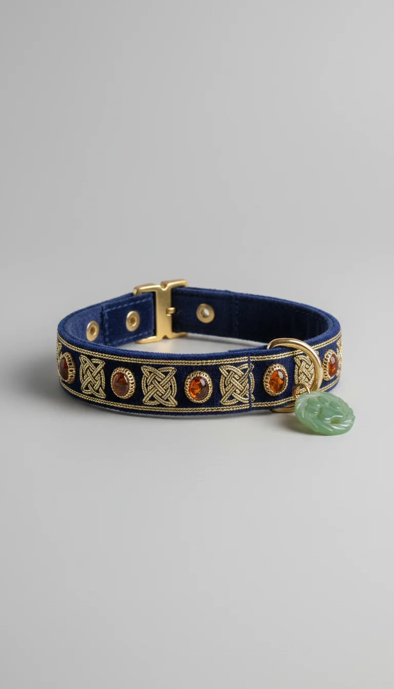 Navy Velvet Celtic Knot Pet Collar with Amber Gems & Jade Charm