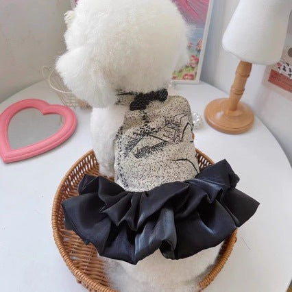 Ink Scent Chinese-Style Tang Suit: Maltese Chinese-Style Qipao with Gold Gradient Kitten Dress for Spring/Summer