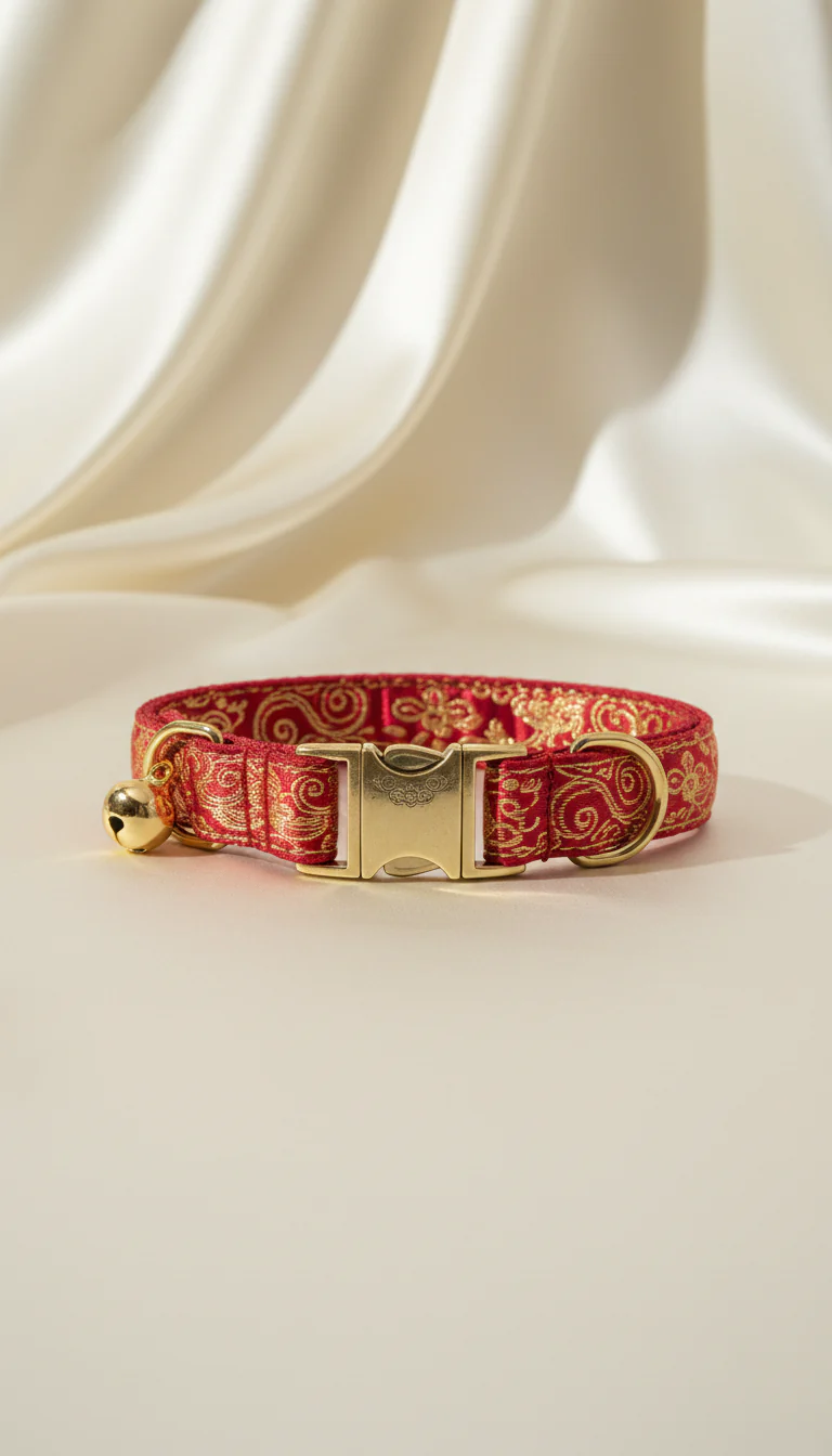 Red Gold Auspicious Cloud Brocade Pet Collar with Bell