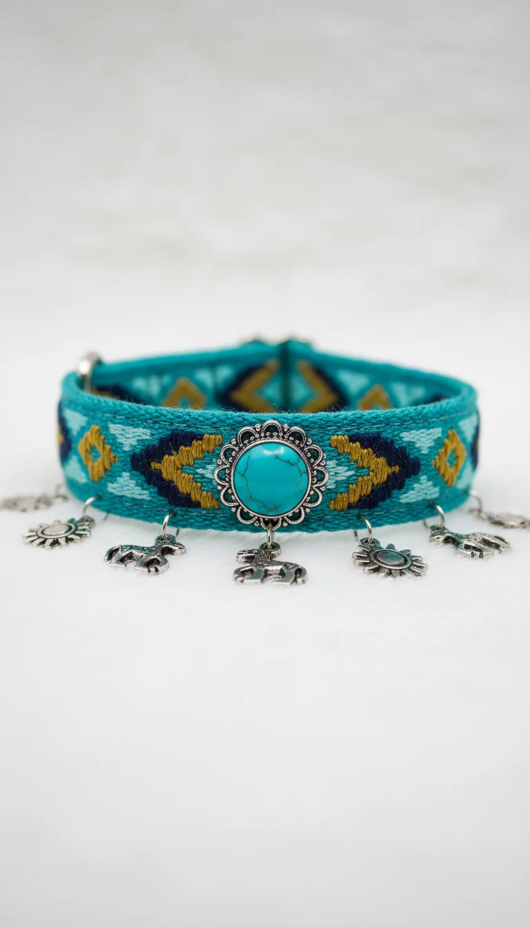 Turquoise Boho Woven Pet Collar with Charm Fringe
